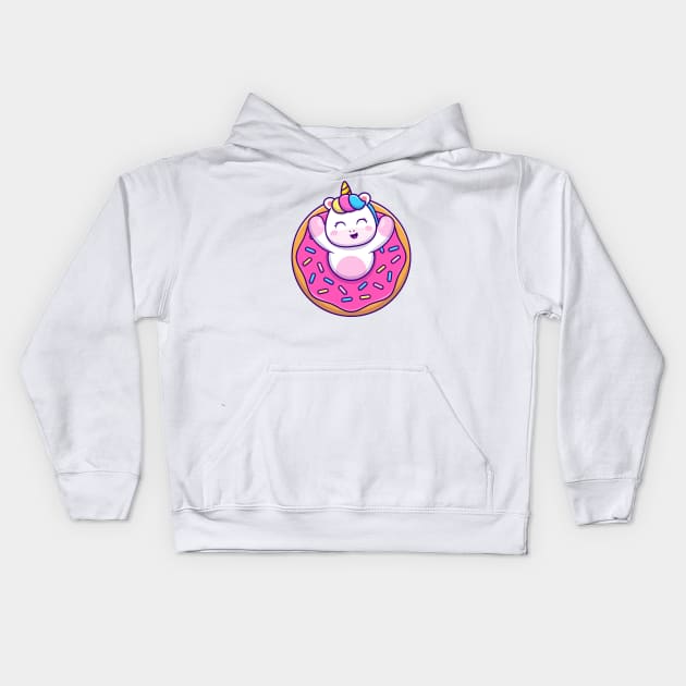 Cute Unicorn With Doughnut Cartoon Kids Hoodie by Catalyst Labs